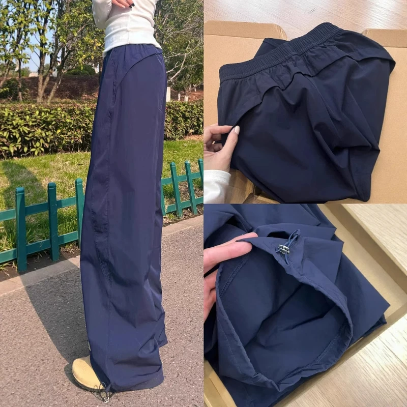 胖mm大码美式藏青色工装裤女夏季显瘦高腰宽松速干垂感阔腿运动裤