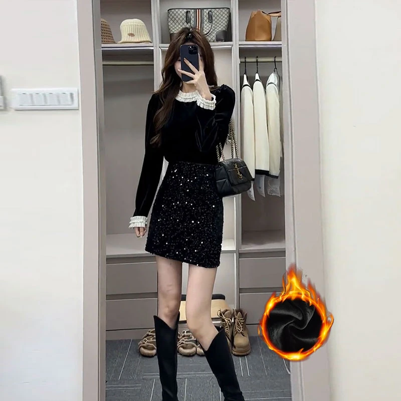 秋冬新款a字裙百搭亮片裙法式短裙高腰黑色女裙遮肉显高半身裙