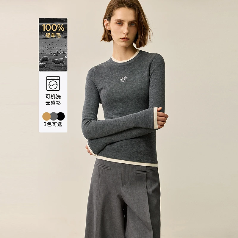100%羊毛LILY2025冬新款修身圆领通勤针织衫女上衣125409TK999