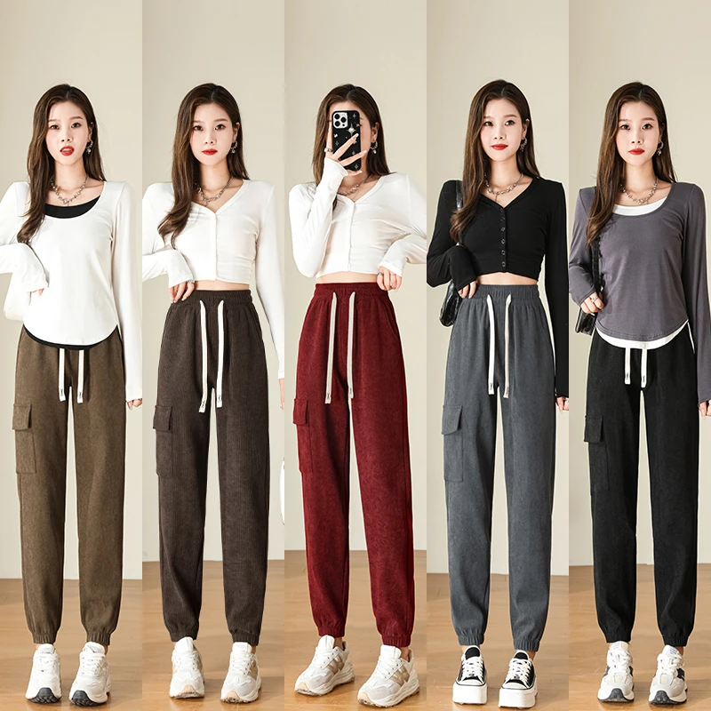 秋冬加绒加厚高腰韩版大码复古休闲工装裤百搭哈伦裤子宽松卫裤