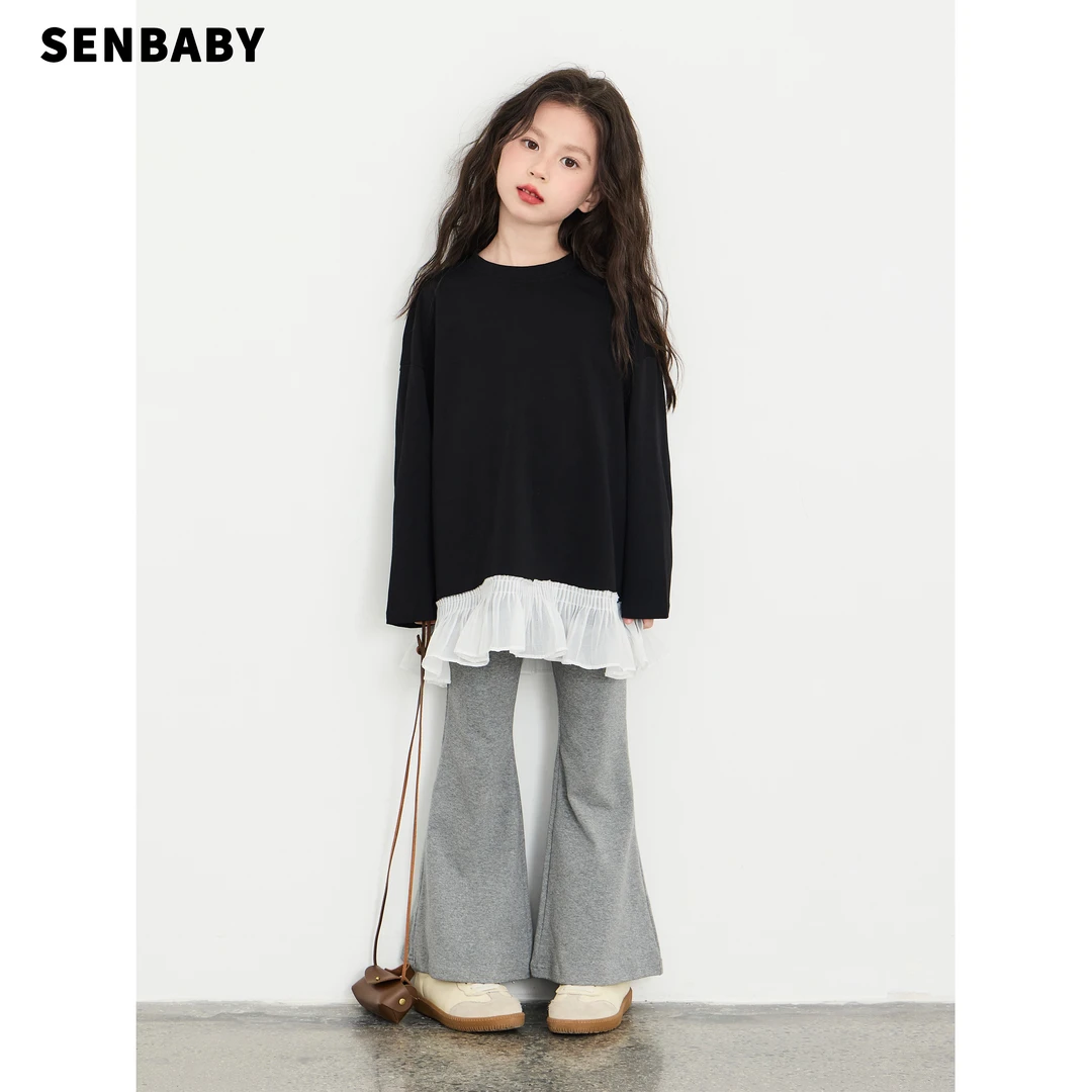 【新增170】senbaby女童秋季两件套黑色拼接上衣时尚灰色喇叭裤套装