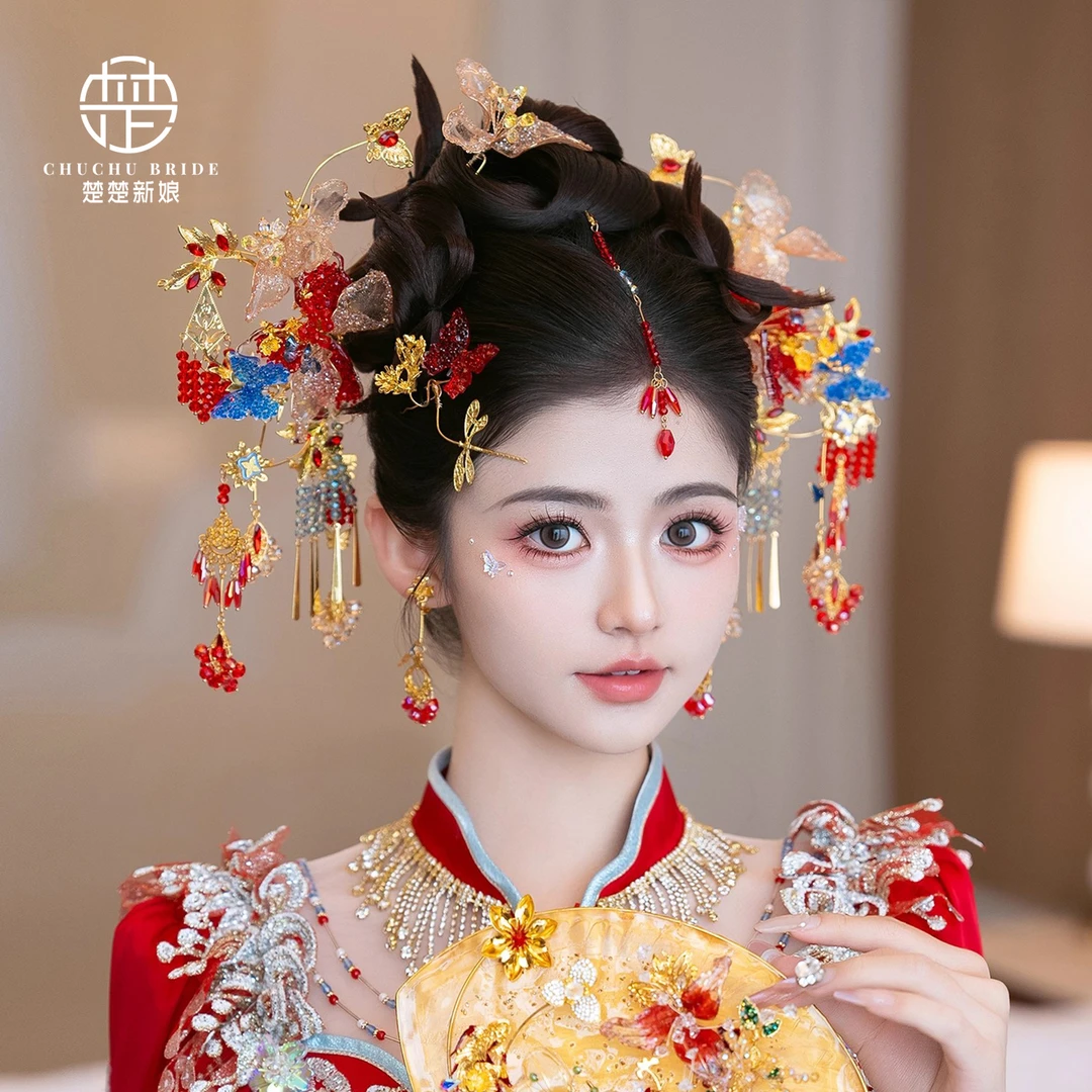 金红色秀禾古风新娘头饰新中式汉服旗袍古风水凝胶重工分体发饰