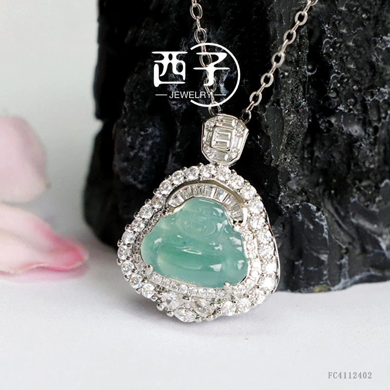 西子饰品【翡翠佛公吊坠】天然A货翡翠佛公吊坠蓝水弥勒佛项链
