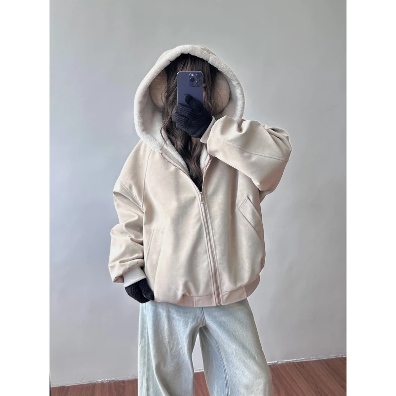 荔枝纹皮1500G连帽座山雕PU皮外套男女冬季加绒加厚皮衣毛领棉衣