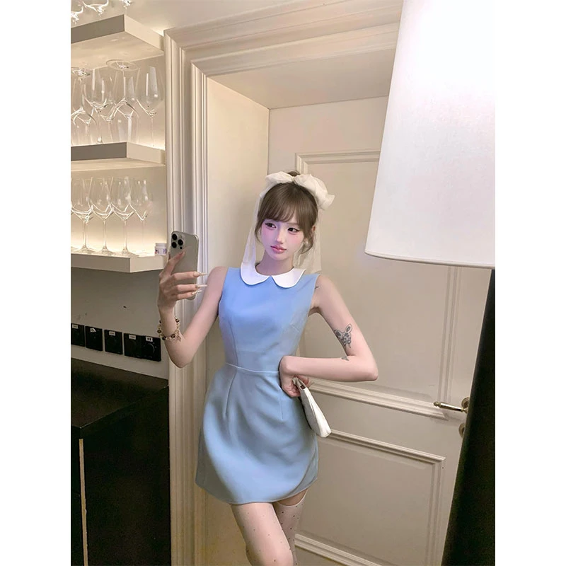 2025夏季新款甜美韩系冷淡系无袖a字连衣裙子女学院风包臂短裙子