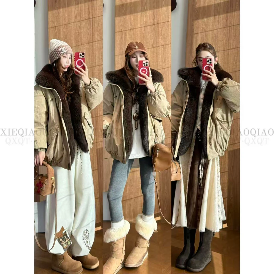 谢荞荞「雪狐派克」狐狸毛皮90鹅绒冬季款厚款保暖宽松派克羽绒外套