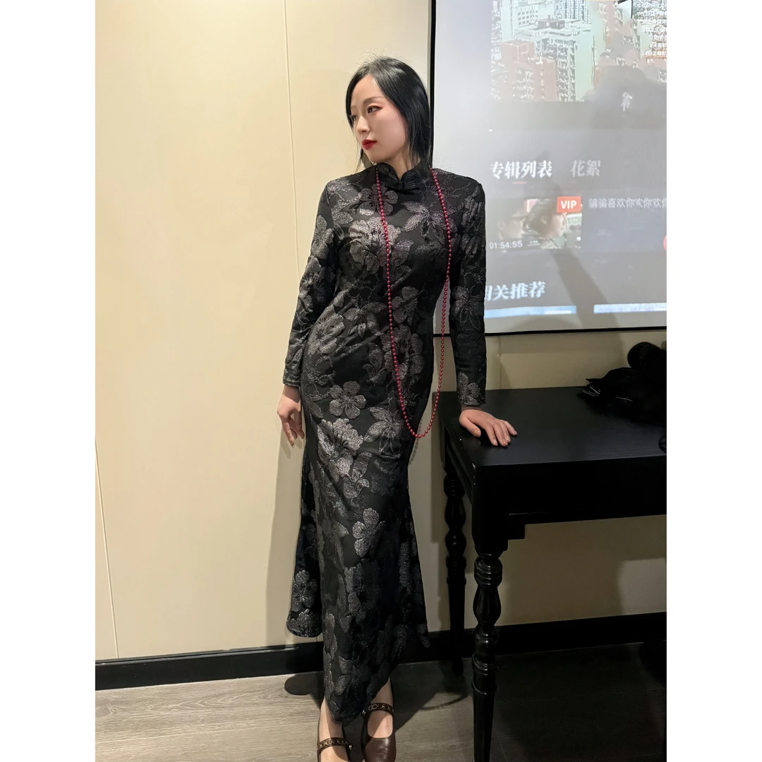 2503缘织裳旗袍[墨花]原创自制丝绒压花面料金线绣春季新款