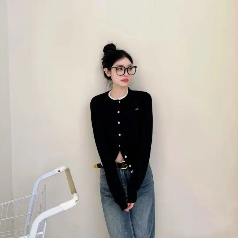 针织衫-018013假两件撞色拼接圆领短款开衫