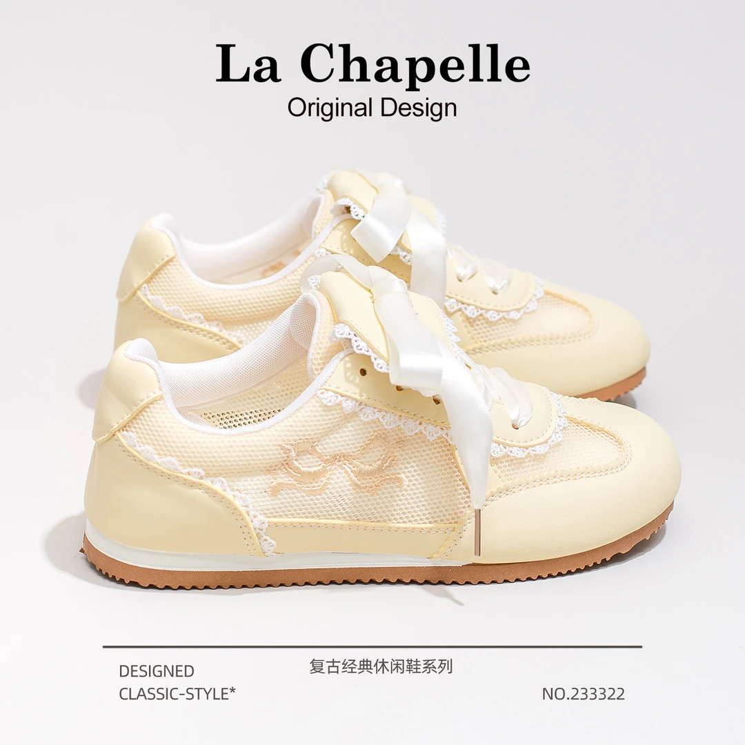 拉夏贝尔黄色德训鞋女2025新款夏季网面百搭透气泡芙鞋平底小白鞋