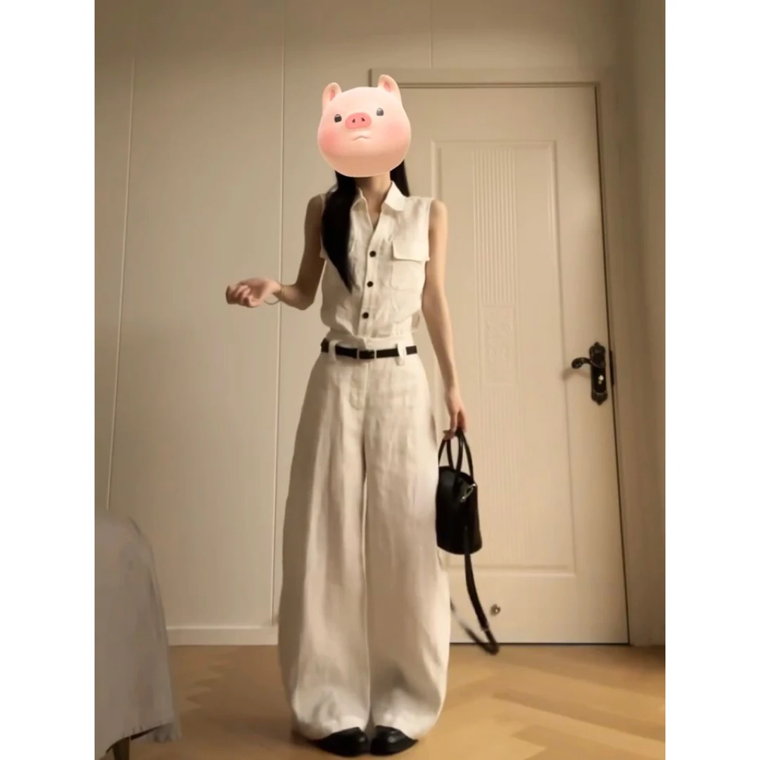 老钱风套装女夏季新款休闲小众设计感无袖衬衫阔腿裤套装