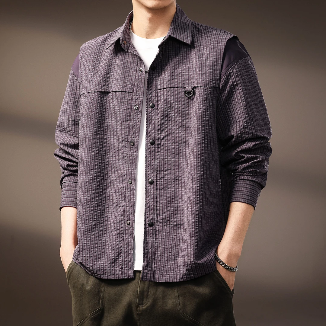 高端日系通勤泡泡纱长袖衬衫男秋季工装立体格纹简约休闲蓬松外套