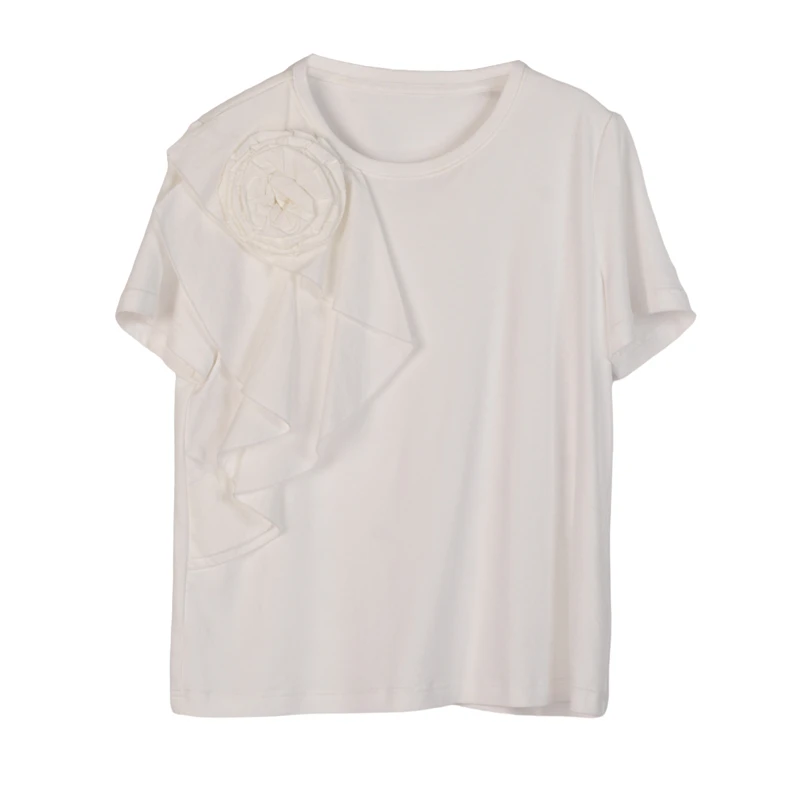 【林一】夏季T恤女法式立体花设计感纯色上衣25T1104