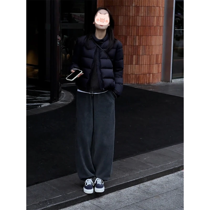 巨好看的两件套冬装纯色百搭棉服外套灰色加绒裤子韩系一整套穿搭