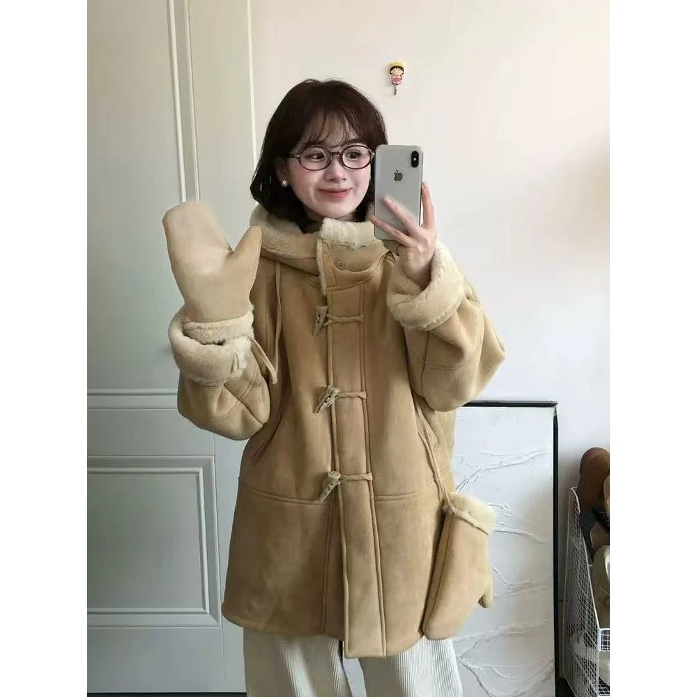 外套女2025冬季加绒加厚韩系宽松保暖连帽上衣