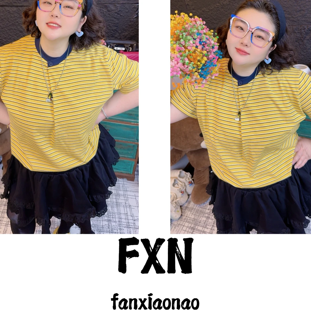 【FXN】韩风条纹牛油黄纽扣不规则圆领半袖T恤