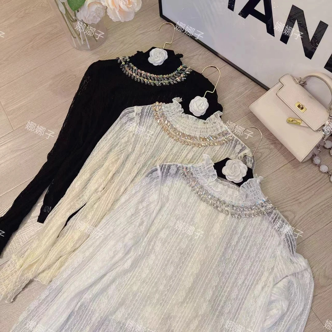 【西海岸】重工钉珠蕾丝气质时尚百搭显瘦蕾丝上衣女