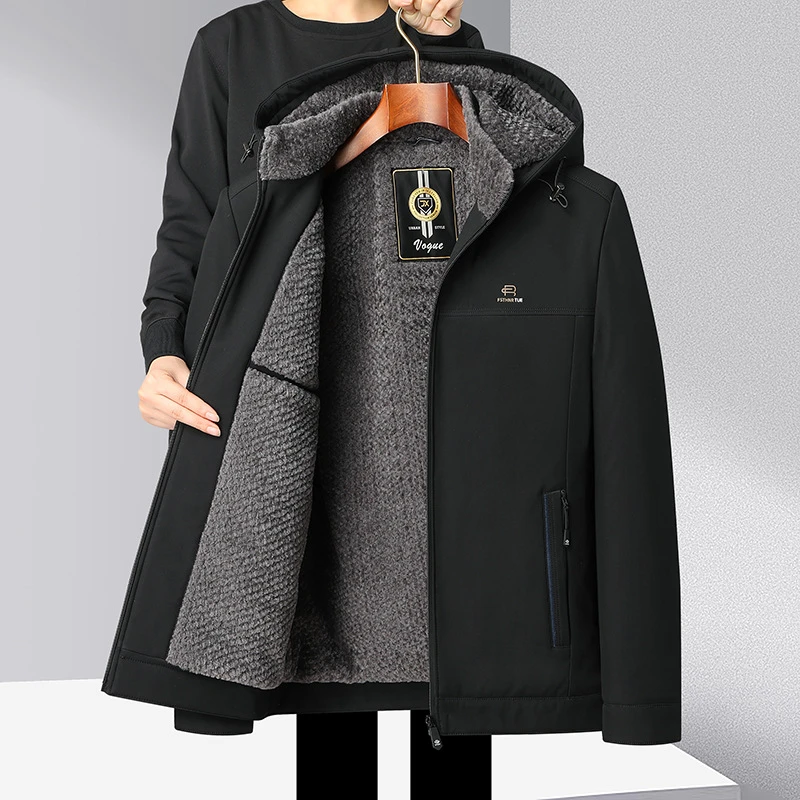 冬季新款加绒加厚夹克中年男士休闲外套中老年连帽保暖爸爸装男装