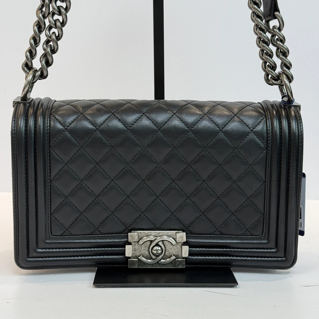 95新 Chanel/香奈儿 黑银菱格纹Leboy中号链条包 06090