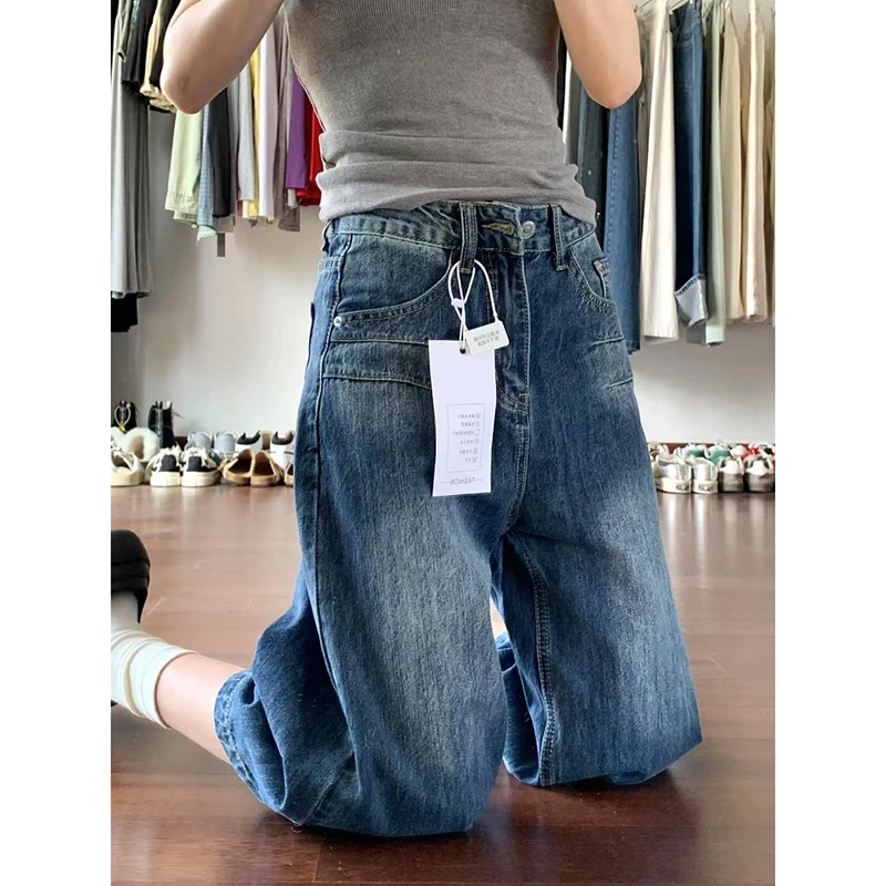 美式复古阔腿牛仔中裤女夏季新款大码胖mm高腰宽松显瘦直筒七分裤