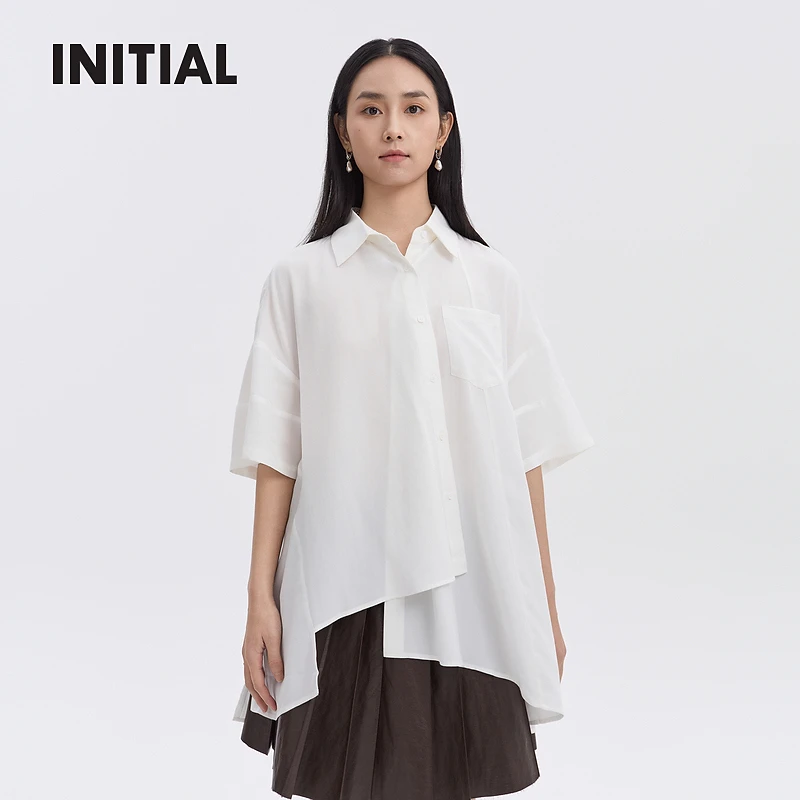 【爆款补单】INITIAL24春夏新款简约不规则斜边设计短袖白衬衫女