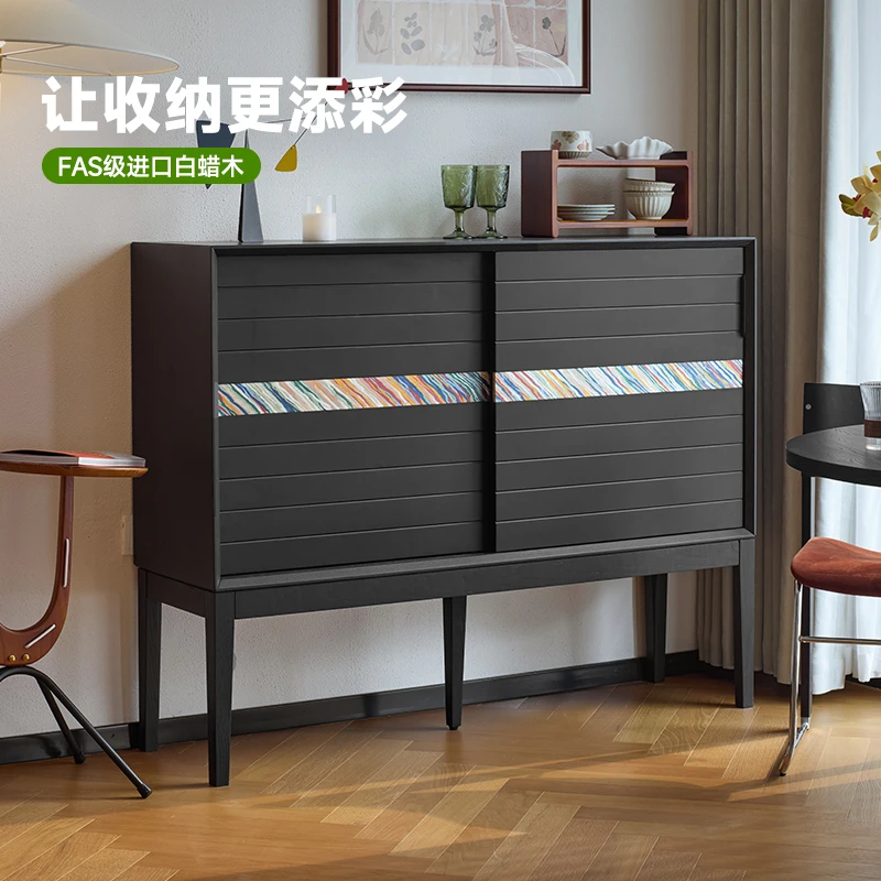 觅墨中古客厅储物餐边柜小户型家用靠墙复古风白蜡木收纳柜茶水柜
