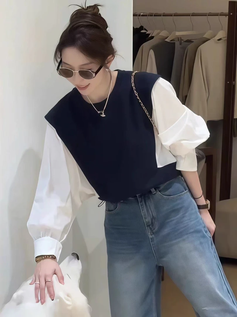 假两件撞色拼接卫衣女秋季新款高级感休闲百搭宽松显瘦上衣161