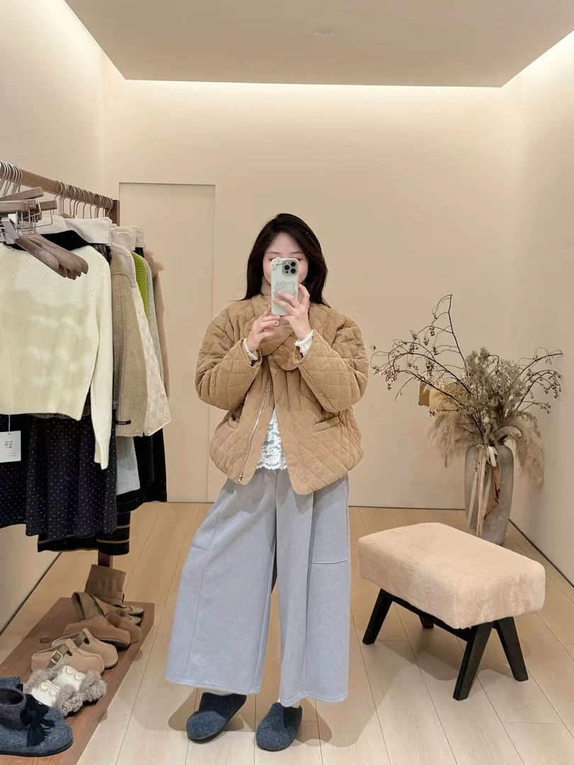 韩版菱格纹棉服围脖2025秋冬新款宽松百搭小个子减龄外套女休闲裤