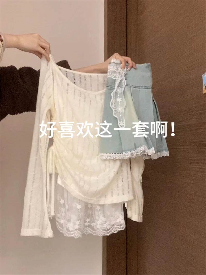 韩系氛围感穿搭套装夏日限定蕾丝拼接吊带抽绳罩衫短裙三件套女