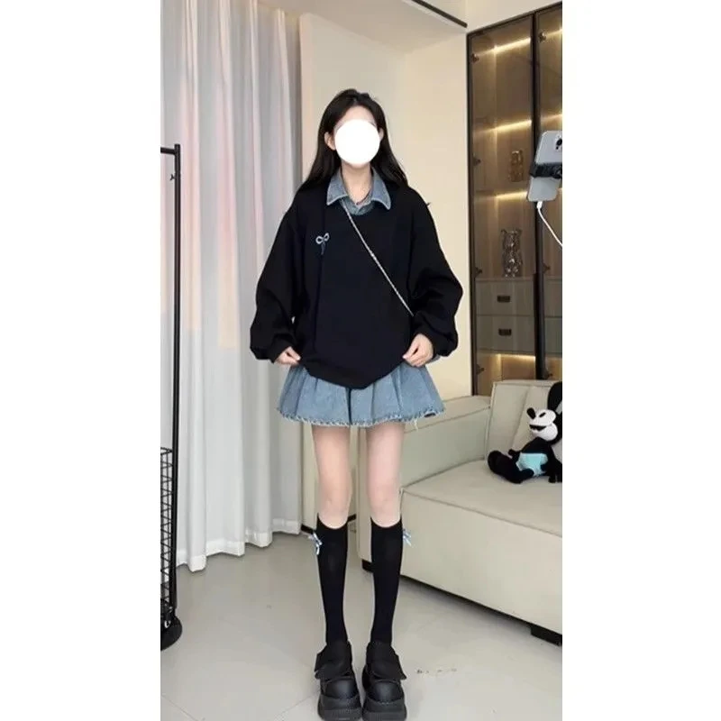 小众设计气质假两件牛仔卫衣连衣裙2025春季新款宽松休闲裙子女装