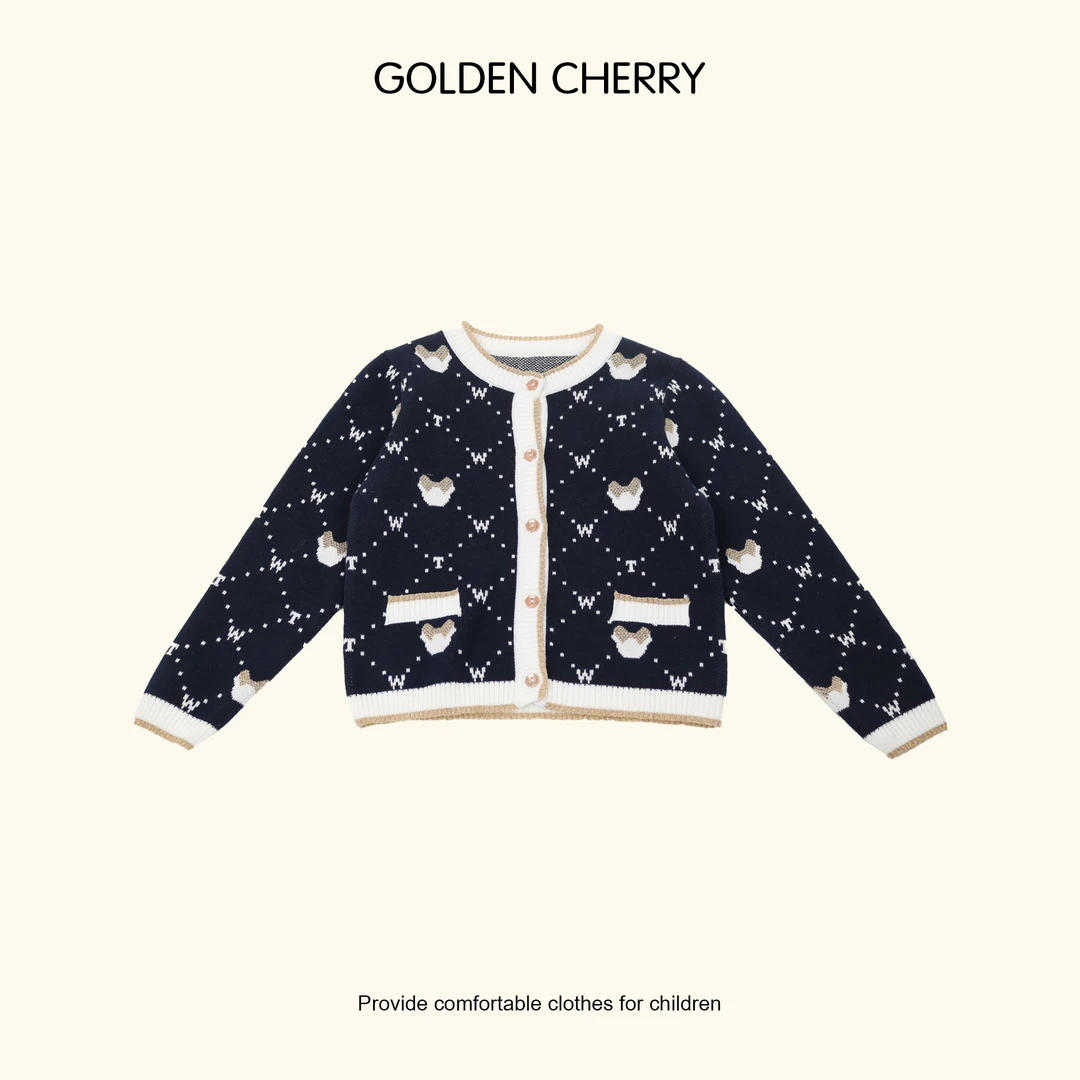 【金樱桃 Golden cherry】女童藏青色小熊针织洋气开衫QS053