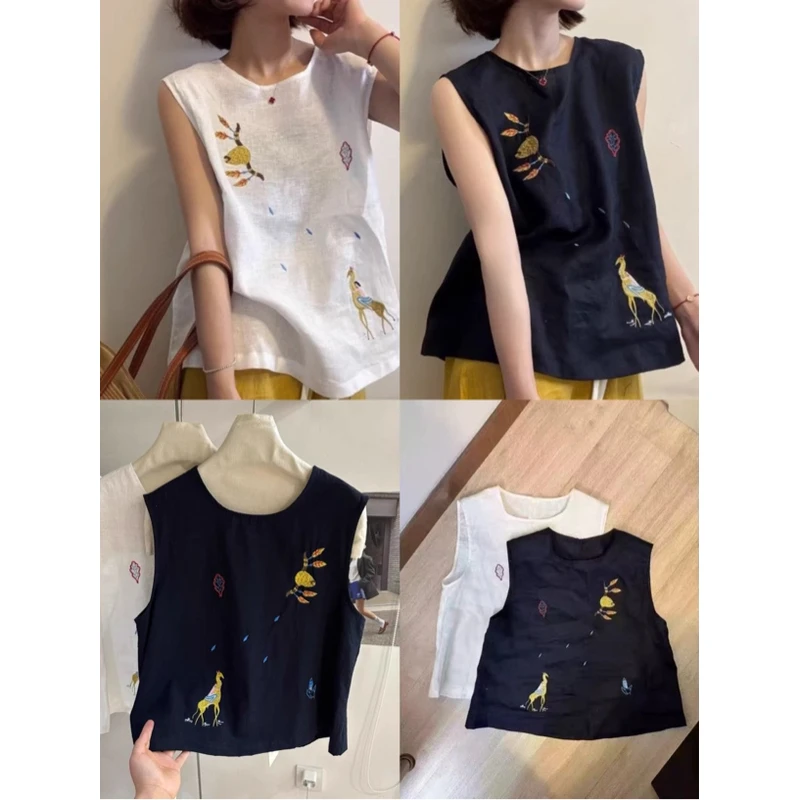 薇莎25125【现货】刺绣中式风圆领无袖衬衫