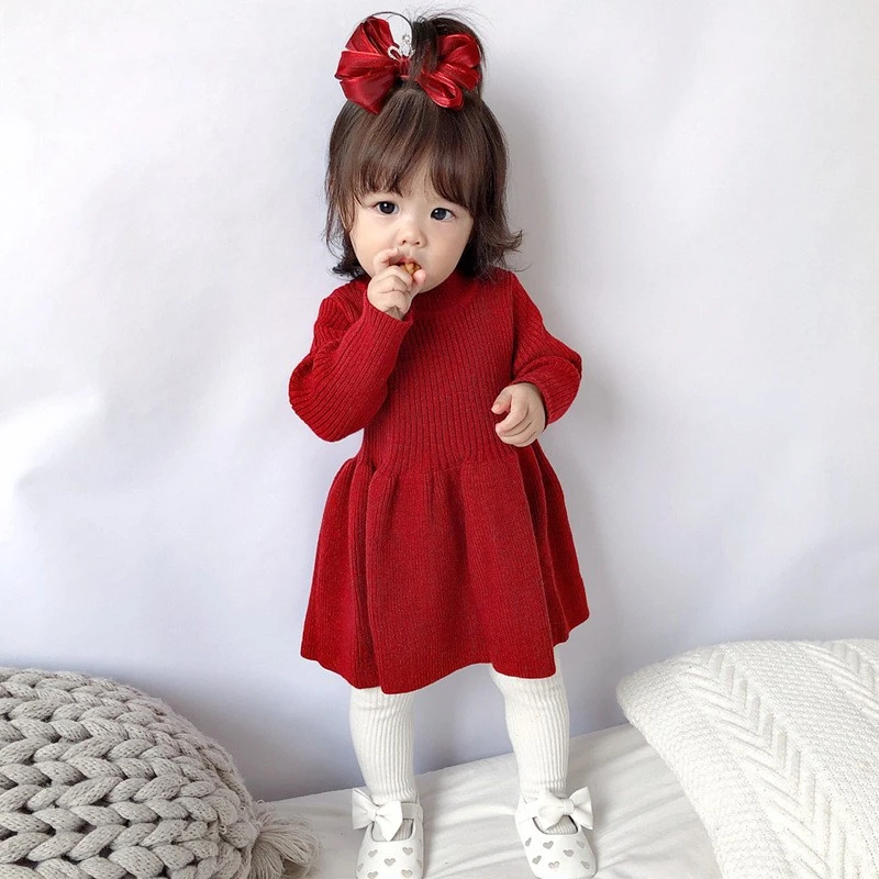 秋冬款女童针织连衣裙时髦裙子宝宝新年喜庆洋气毛衣裙童装公主裙