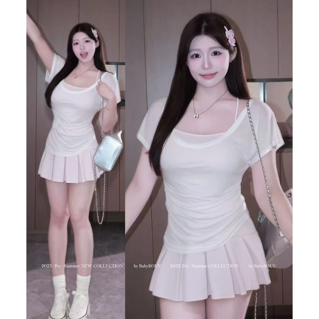 【吸氧套装】温与柔纯欲时髦百搭韩版简约显瘦吊带罩衫半裙套装