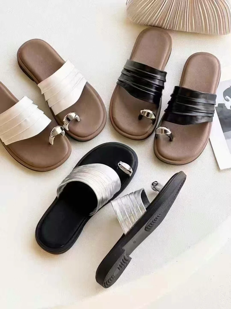 套趾平底纯色修面修面皮一字拖韩版复古法式森系时尚休闲百搭女士