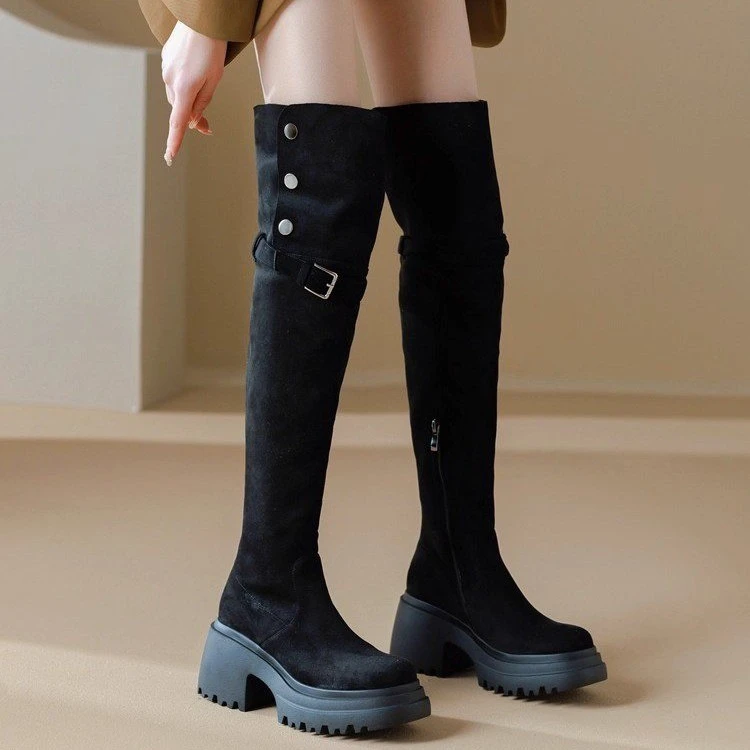 橡胶高跟过膝长靴加绒毛毛棉靴女鞋2025新款秋冬季小个子长筒骑士
