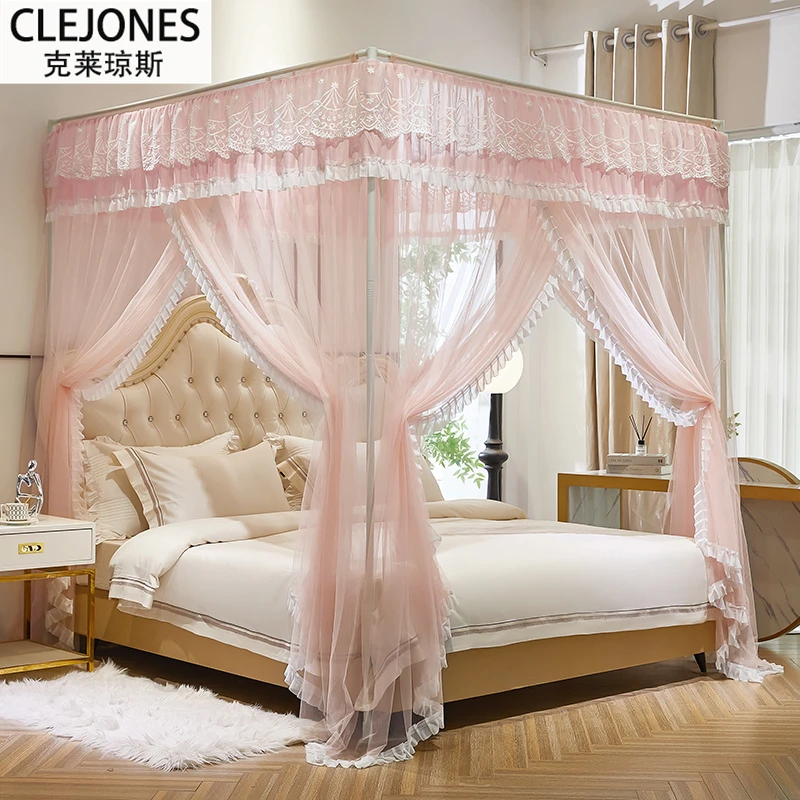 CLEJONES铁艺支架加密蚊帐三开门公主宫廷落地浪漫蕾丝花方顶蚊帐