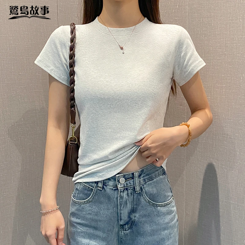鹭岛故事圆领短袖t恤女夏季修身打底衫百搭u领显瘦半袖纯色上衣潮