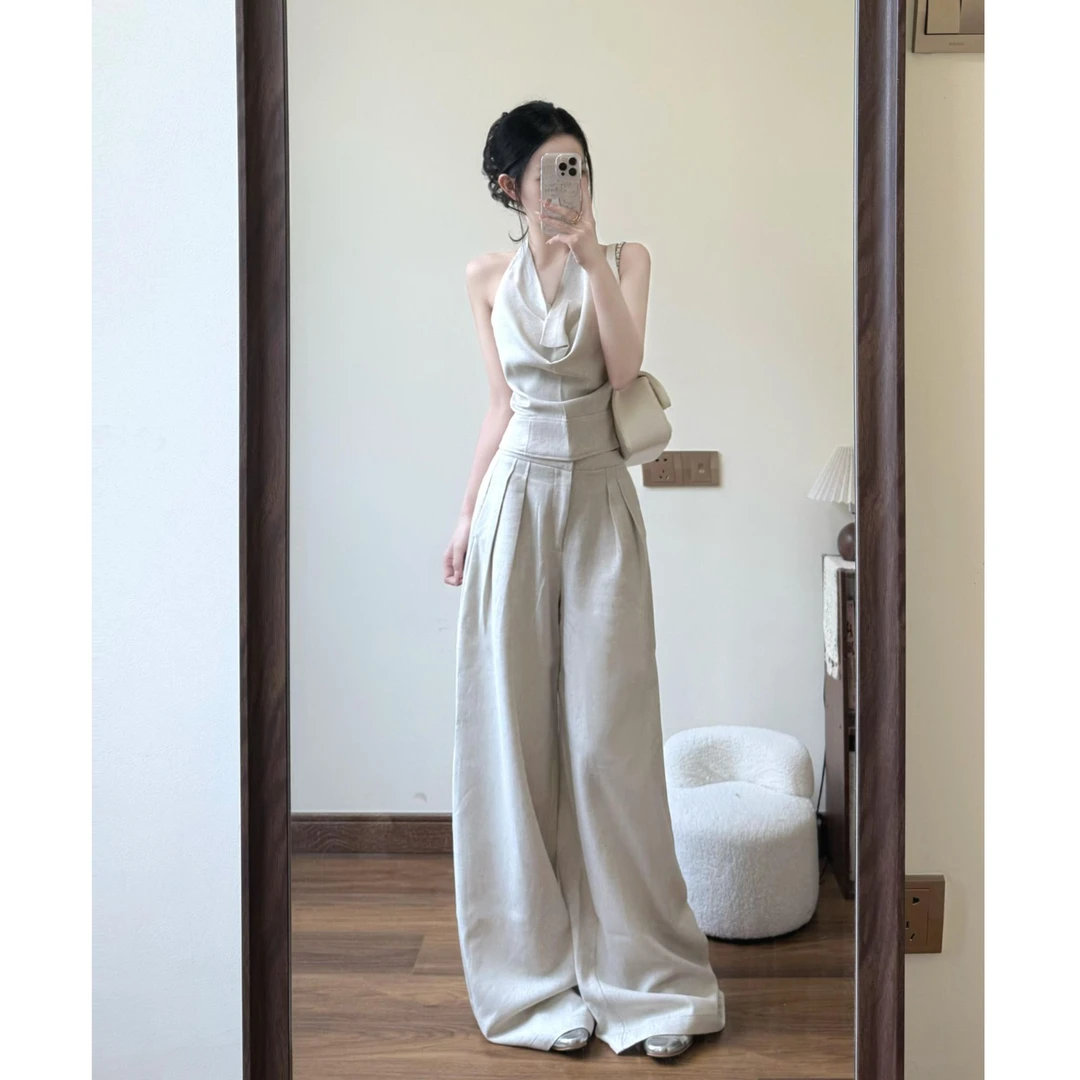 MARIE.COCO挂脖荡领背心气质高级感上衣阔腿休闲裤松弛感穿搭套装