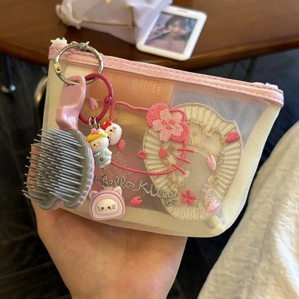 可爱kitty粉色化妆包女网纱收纳包随身便携式证件包杂物收纳小包
