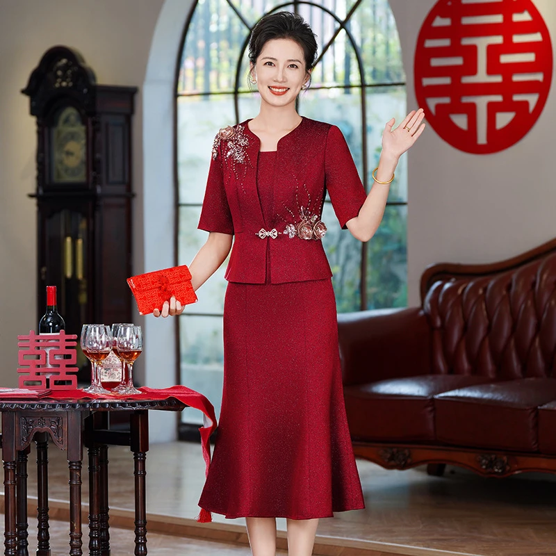 2025新大码喜婆婆婚宴高贵礼服裙假两件鱼尾连衣裙年轻妈妈婚宴N