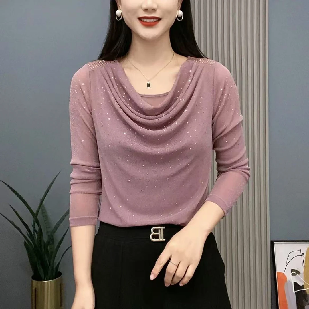 2025春季新款妈妈装纯色百搭洋气时尚堆堆领修身显瘦上衣女士小衫