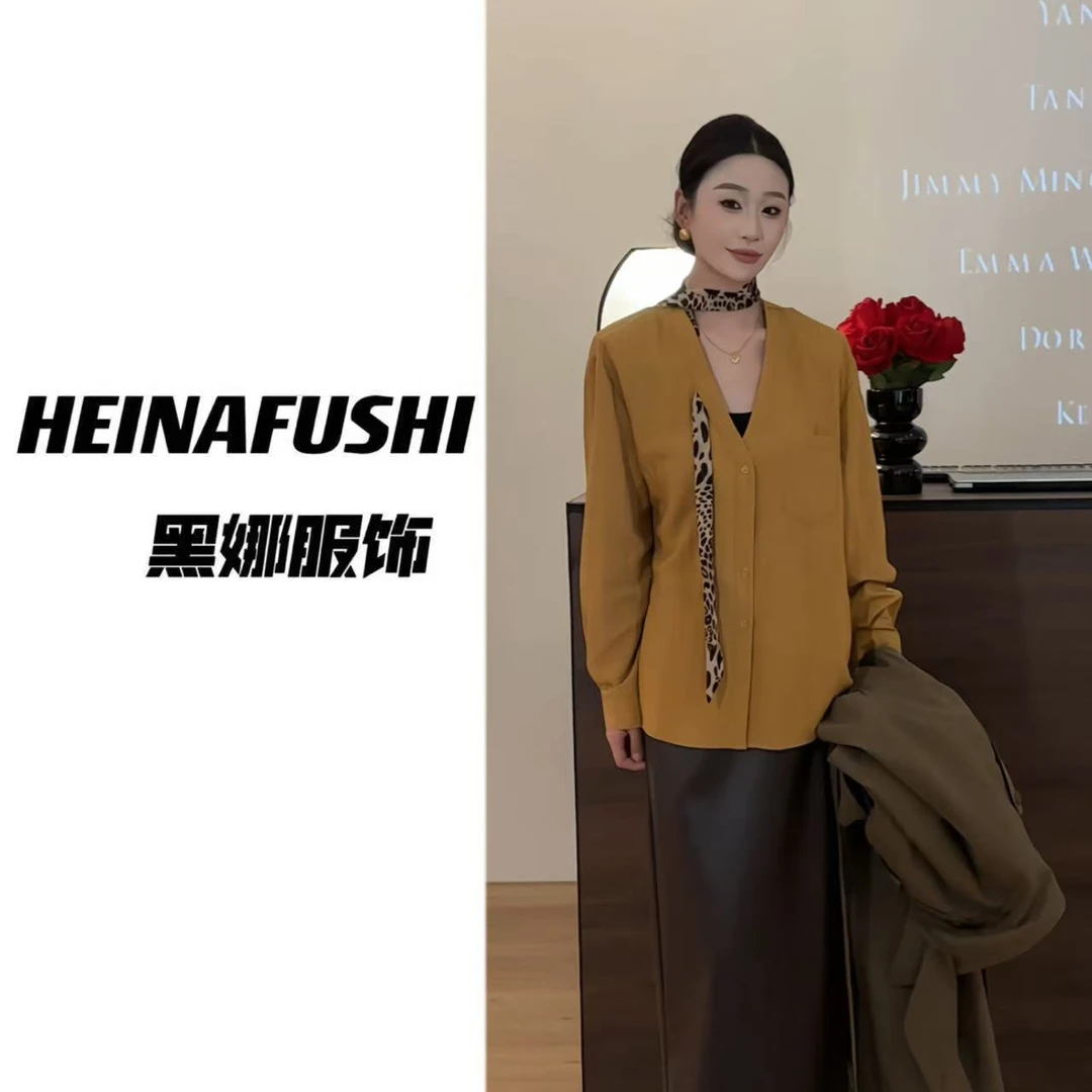 HEINA御姐V领豹纹飘带衬衫7078