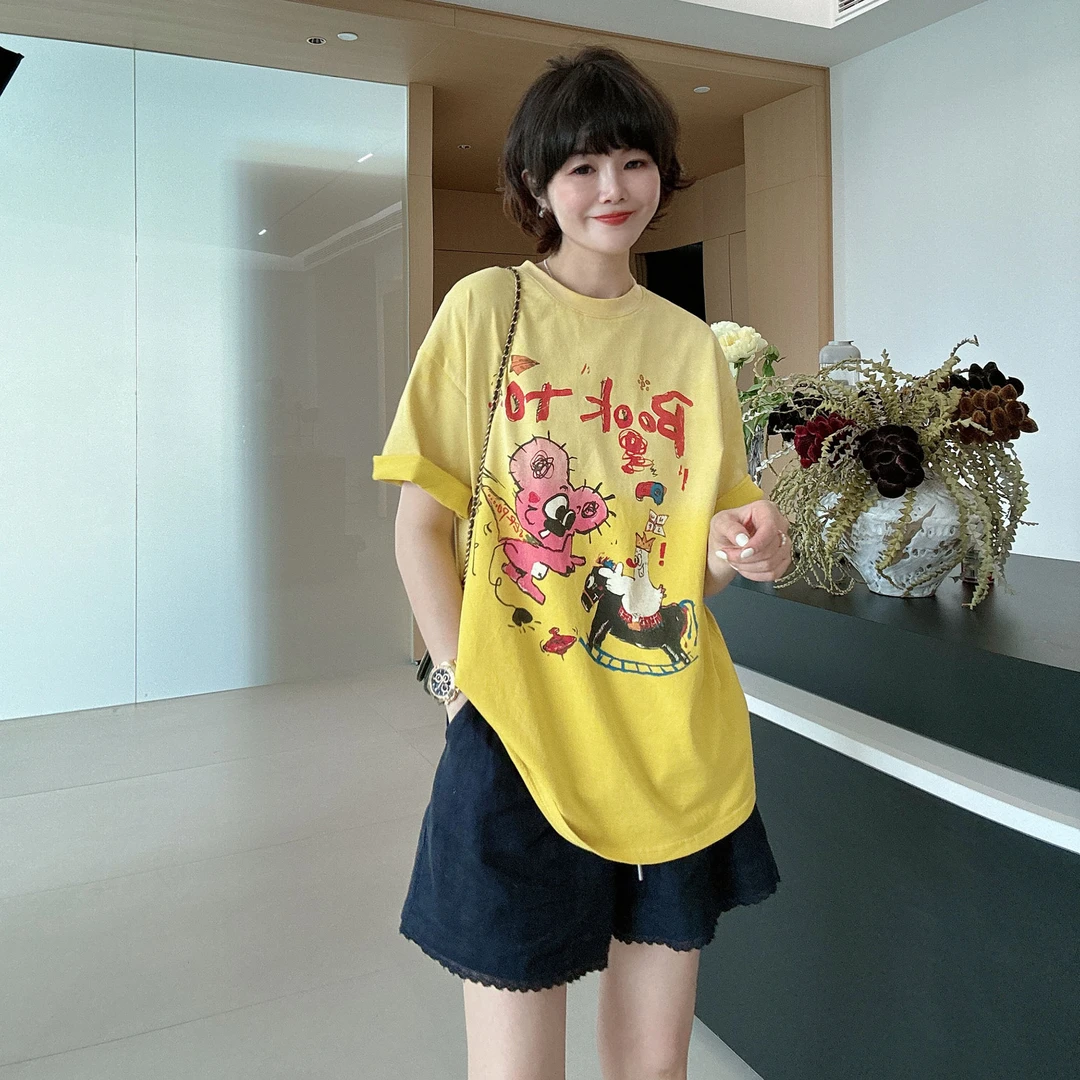 夏季潮流时尚气质宽松显瘦卡通渐变中长款T恤