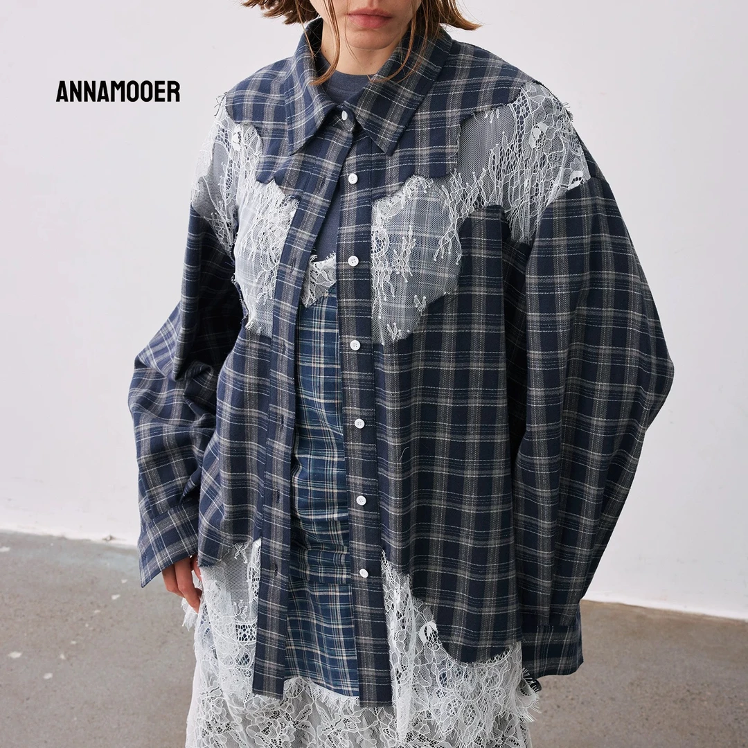 ANNAMOOER复古时髦拼接蕾丝格子休闲撞色衬衫廓形纯棉上衣 藏青格