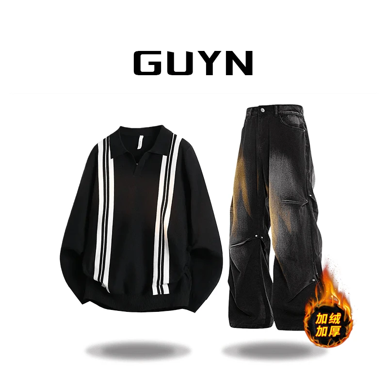 【品牌现货】GUYN新款毛衣男英伦复古条纹撞色修身针织上衣POLO衫