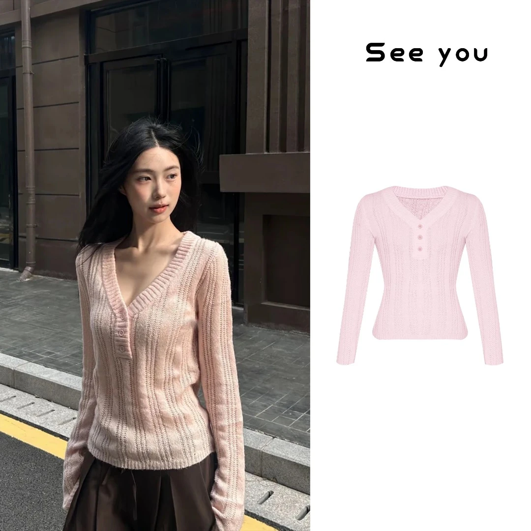 早秋时尚领毛织上衣女2025FW竖坑条螺纹镂空针织衫A1556