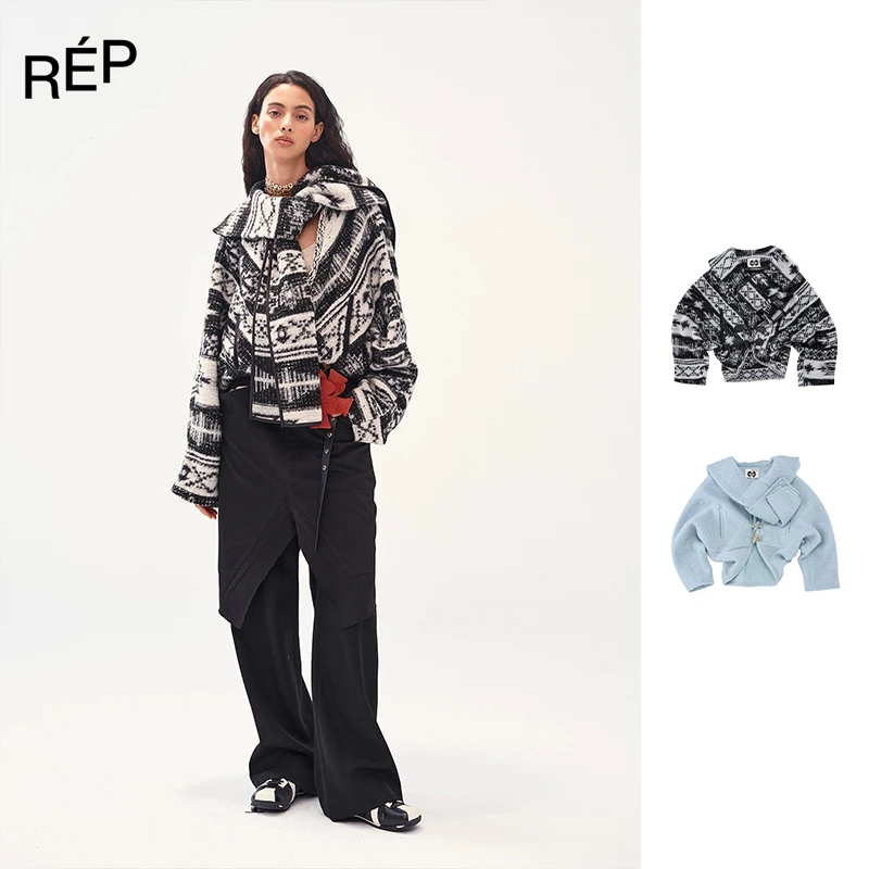 REP-MEDIUM WELL设计师品牌黑白/蓝色羊毛围巾领廓形外套 25FW