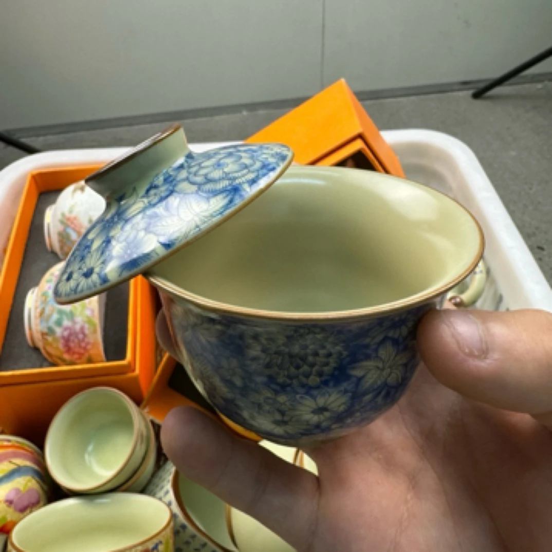 岑汝黄汝窑青花盖碗二才盖碗110毫升偏黄色