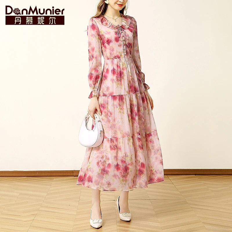 丹慕妮尔法式浪漫印花连衣裙女2025春季新款气质荷叶边大摆长裙子