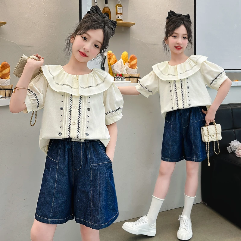 夏季新款女孩套装法式甜美娃娃领上衣大童网红洋气牛仔短裤两件套